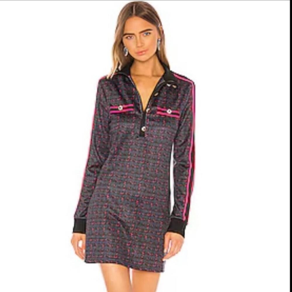 Pam & Gela Tart Black and Pink Houndstooth Rhinestone Jeweled Track Mini Dress S